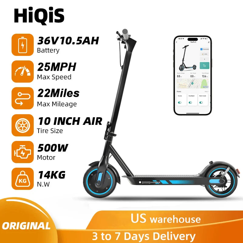 HiQiS V10 Foldable Electric Scooter 500W | 25 MPH | 22 Mile Range
