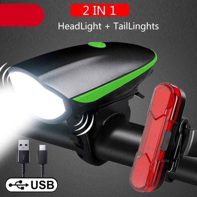 Bike Light 2-Pack with 130dB Horn – Rainproof LED Front & Rear Safety Lights